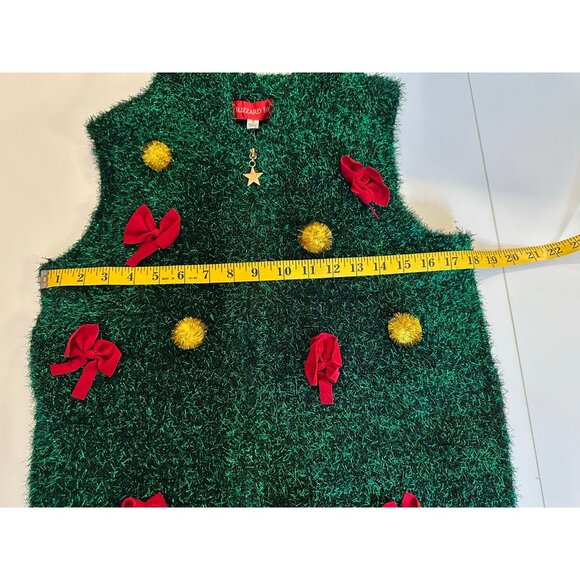 Holiday Christmas Tree Vest S Fuzzy Tinsel Hooded Festive Novelty Top - Picture 5 of 6